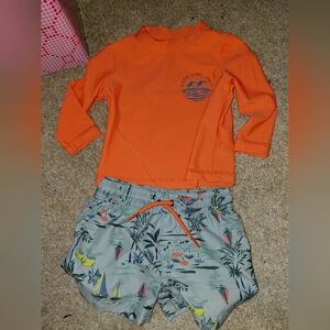 Orange Rash Guard and Patterned Swim Shorts Set